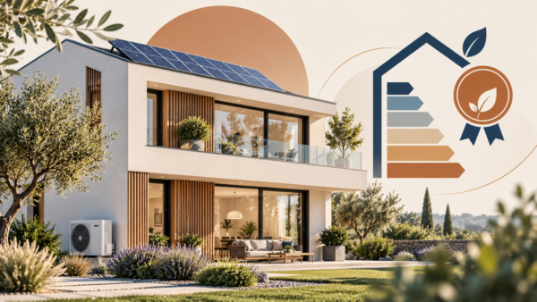 Illustration d’une maison moderne économe en énergie avec panneaux solaires, en lien avec la mention A0 du DPE 2027